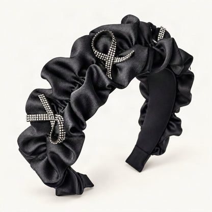 Rhinestone Bow Satin Padded Headband with Ruffled Trim in Black [FITINY Hair]