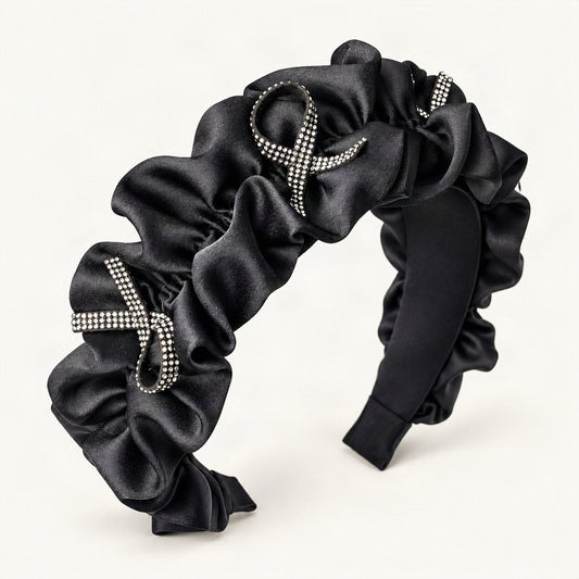 Rhinestone Bow Satin Padded Headband with Ruffled Trim in Black [FITINY Hair]