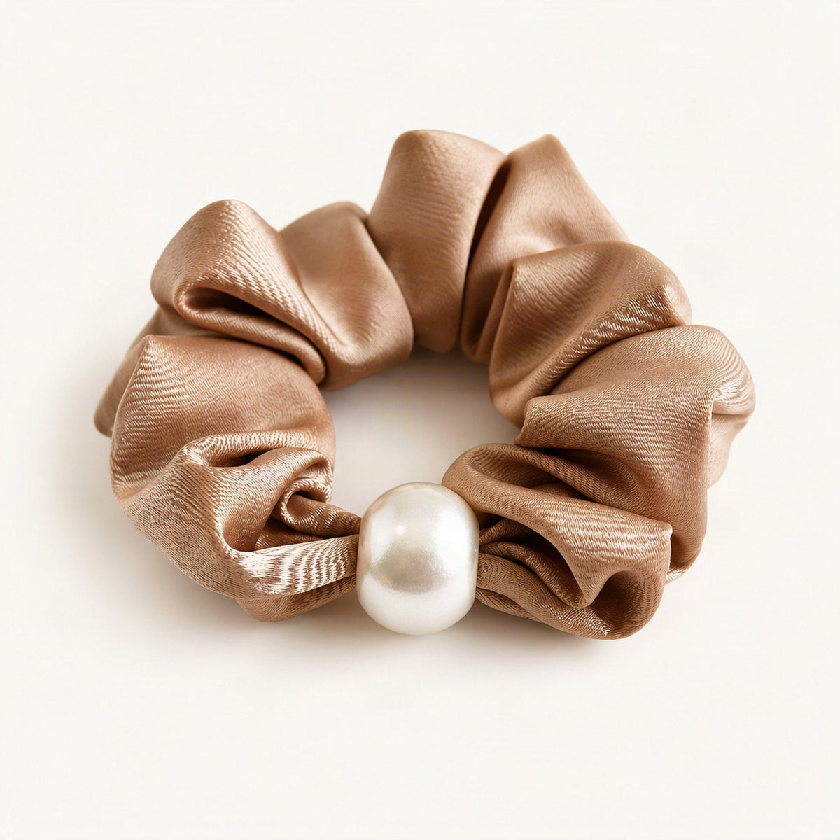 Satin Pearl Scrunchie - Elegant High Elasticity Hair Tie in Latte [FITINY Hair]