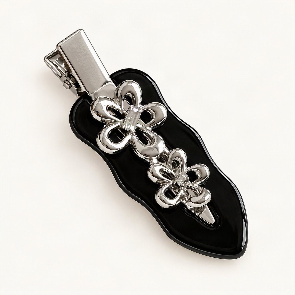 Acetate Side Hair Clip with Metal Flower Detail, 6.5 cm in Black [FITINY Hair]