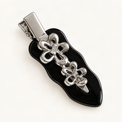 Acetate Side Hair Clip with Metal Flower Detail, 6.5 cm in Black [FITINY Hair]