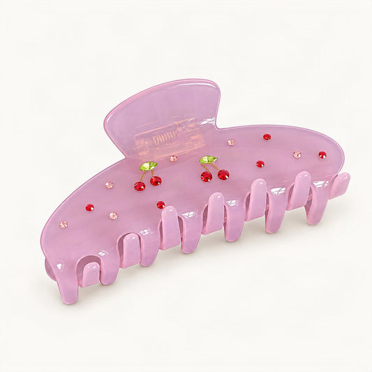 Jelly pink acetate claw hair clip with cherry design [FITINY Hair]