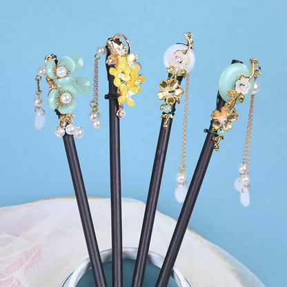 Double Blossom Wood Hair Stick with Dangle Chains, additional view 1