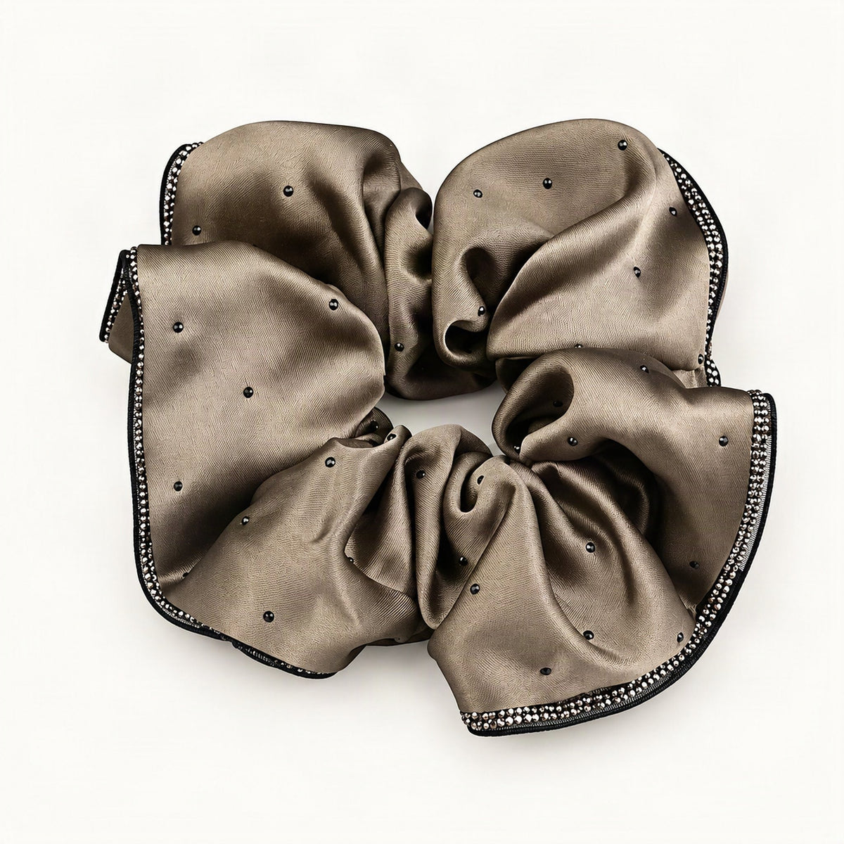 Taupe brown satin scrunchie with decorative rhinestone accents [FITINY Hair]