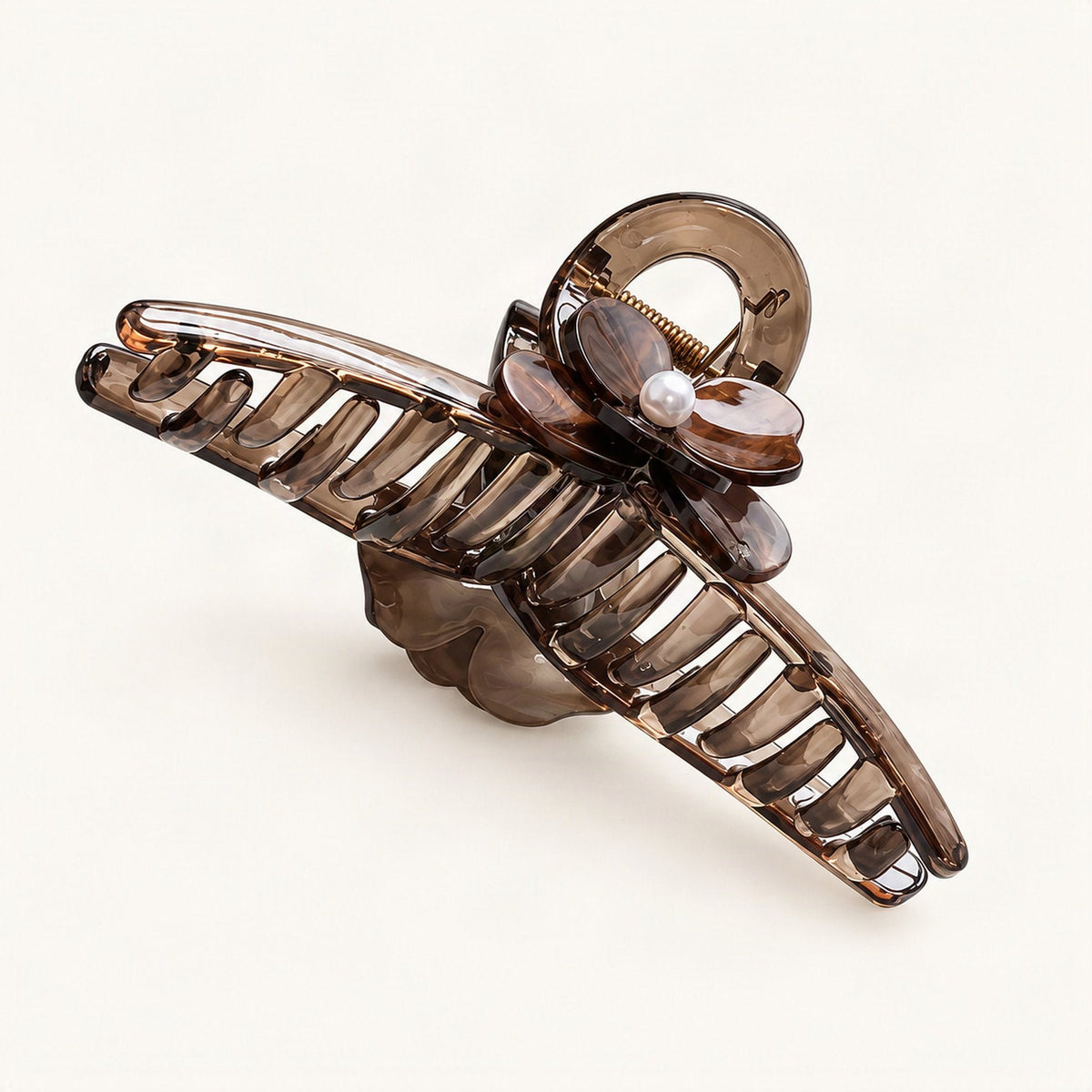 Floral Acrylic Claw Clip with Pearl and Rhinestones 12.5 cm in Chocolate [FITINY Hair]