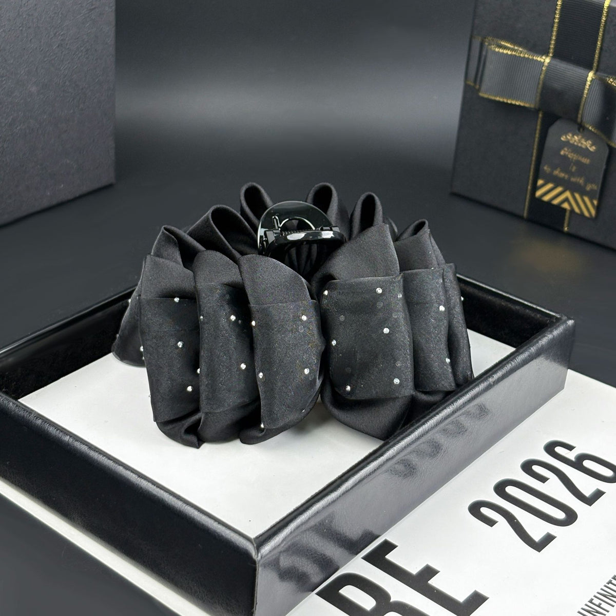 Satin Large Claw Clip with Rhinestone Starry Speckles in Black