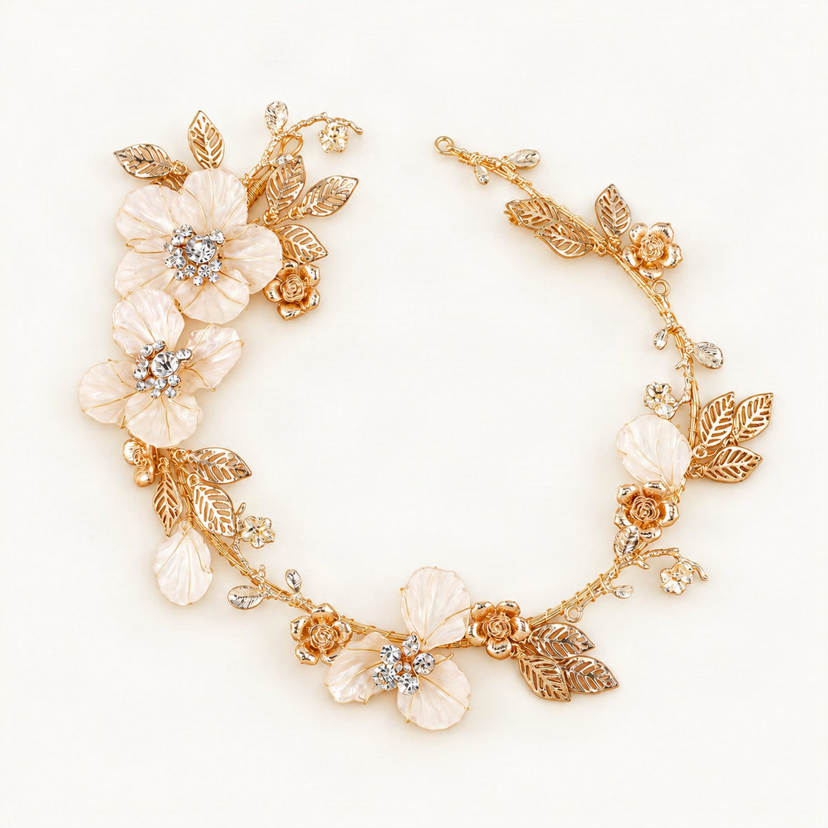 Silver bridal hairband with decorative floral rhinestones and leaf accents [FITINY Hair]