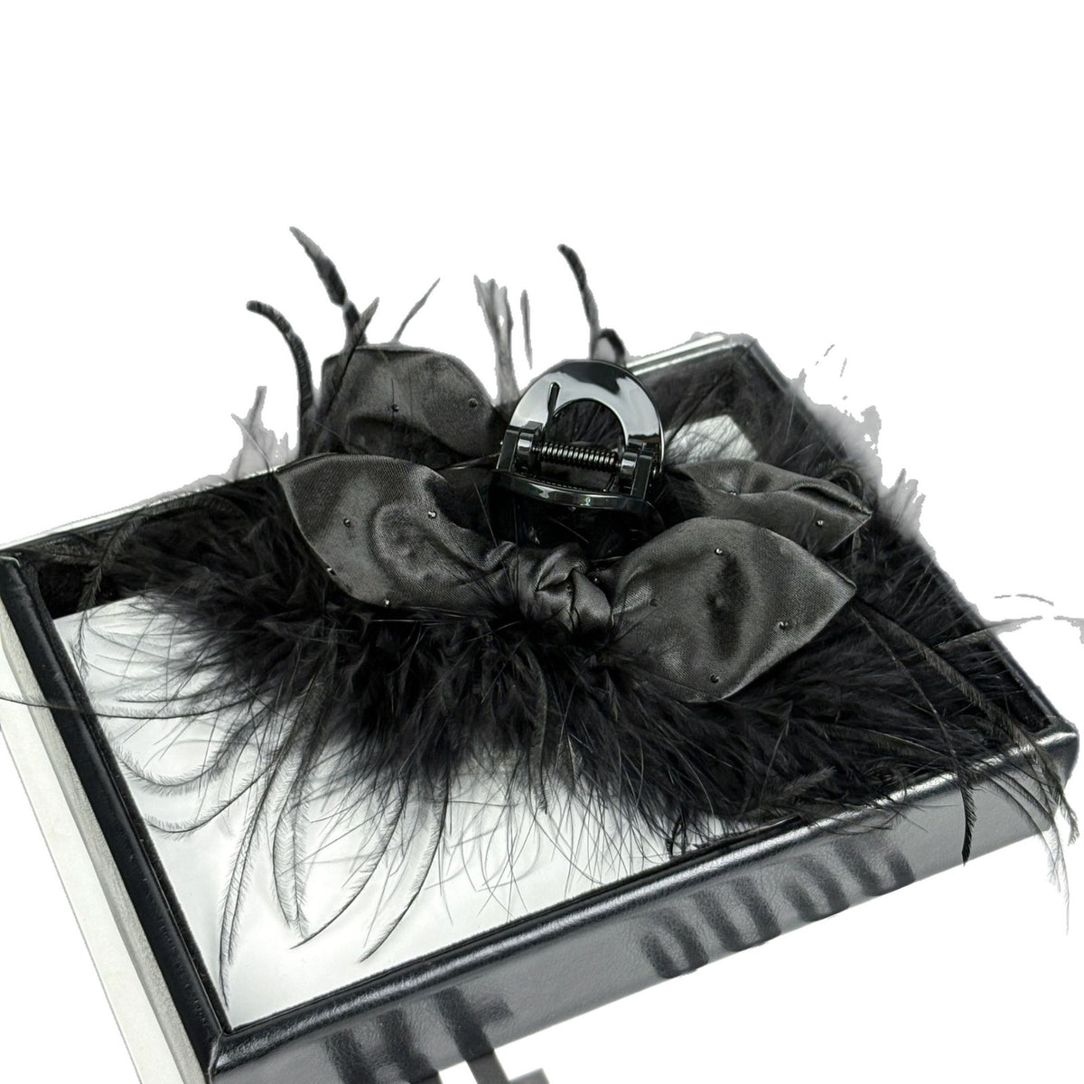 Ostrich Feather Rhinestone Satin Bow Hair Claw Clip, additional view 3