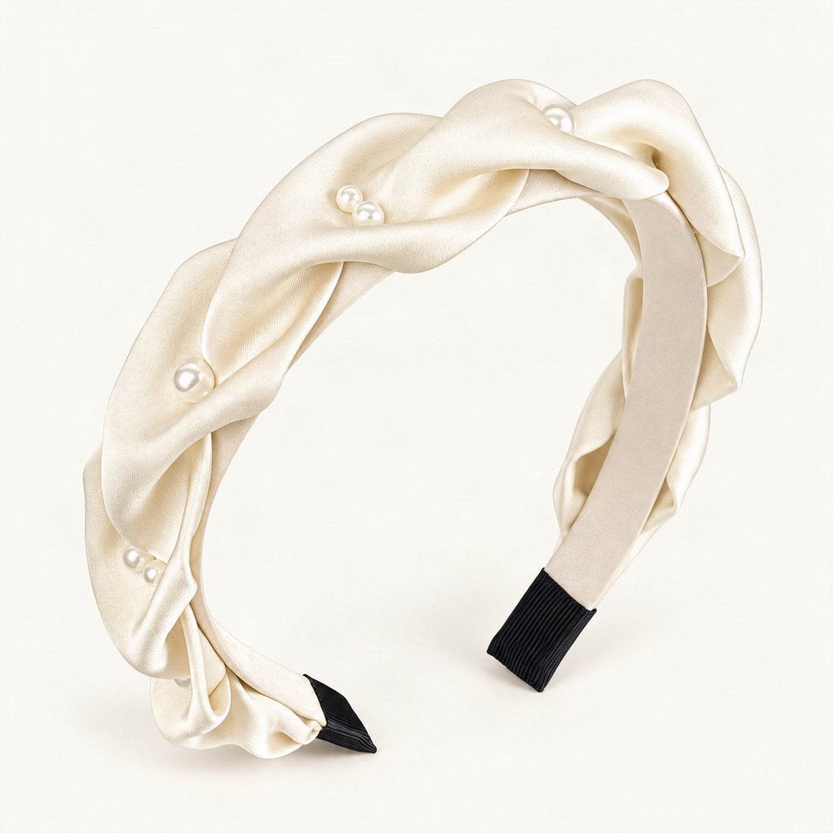 Cream pleated fabric headband with pearl accents, front view [FITINY Hair]