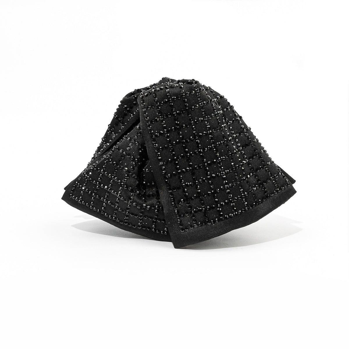 Black satin rhinestone claw clip displayed against a white background