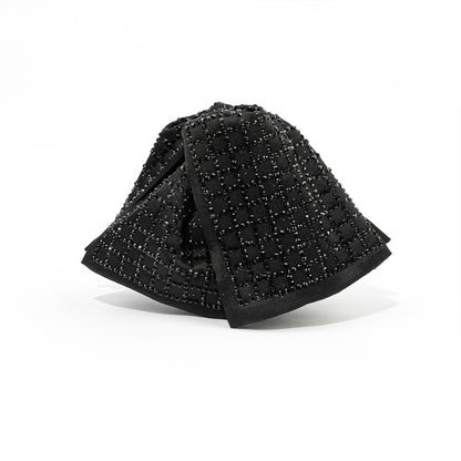 Black satin rhinestone claw clip displayed against a white background