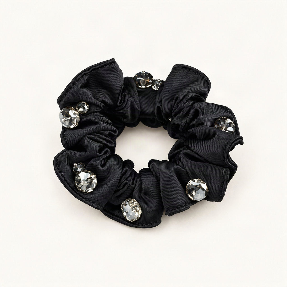 Satin Scrunchie with Crystal Bead Accents in Black [FITINY Hair]