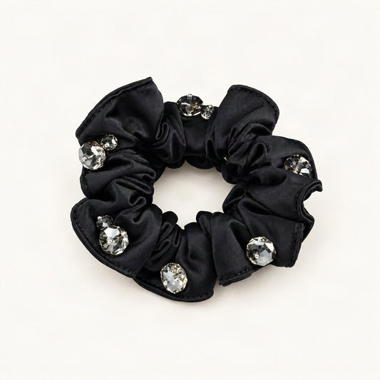 Satin Scrunchie with Crystal Bead Accents in Black [FITINY Hair]