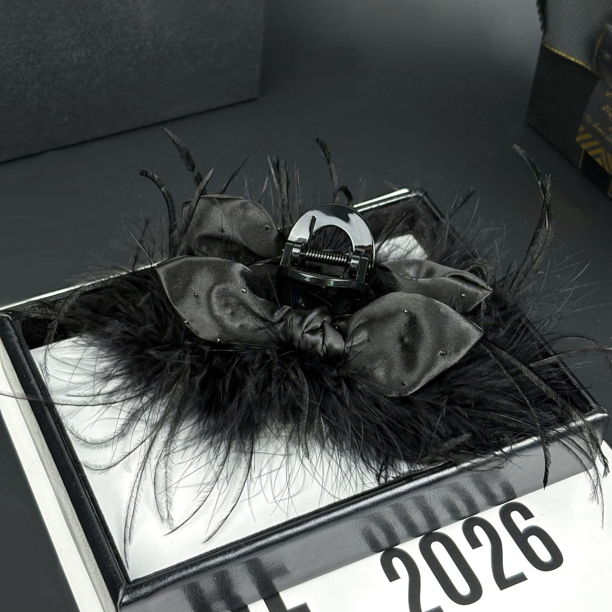 Ostrich Feather Rhinestone Satin Bow Hair Claw Clip in Black