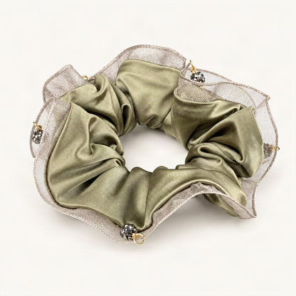 Champagne satin scrunchie with sheer edging and crystal accents [FITINY Hair]
