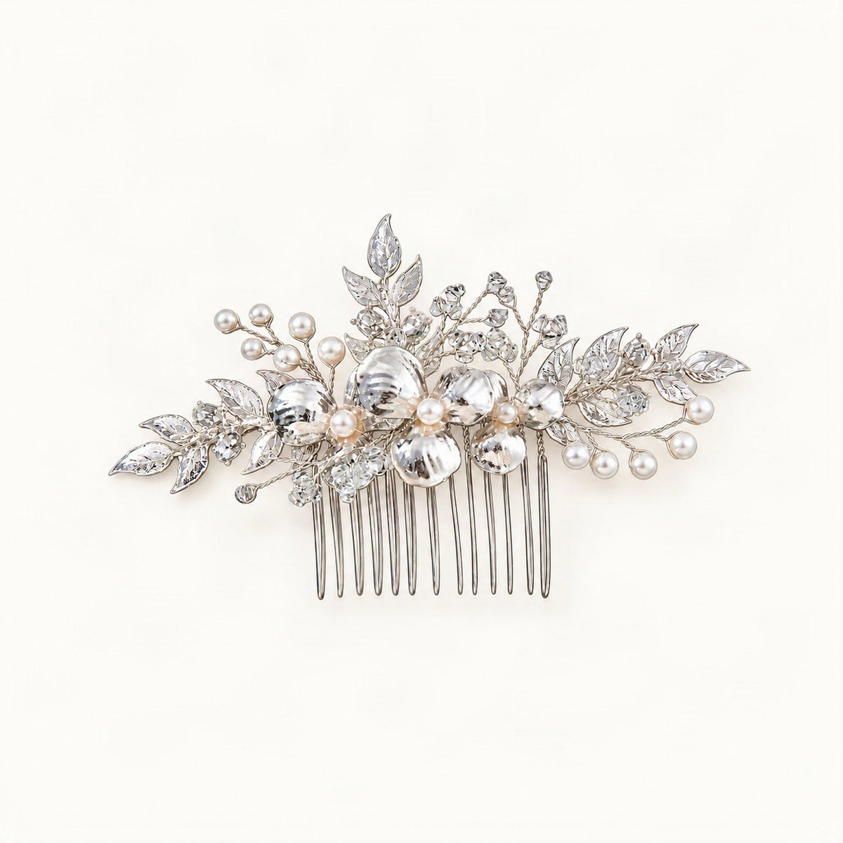 Silver floral hair comb featuring pearl-like blossoms and leaf details [FITINY Hair]