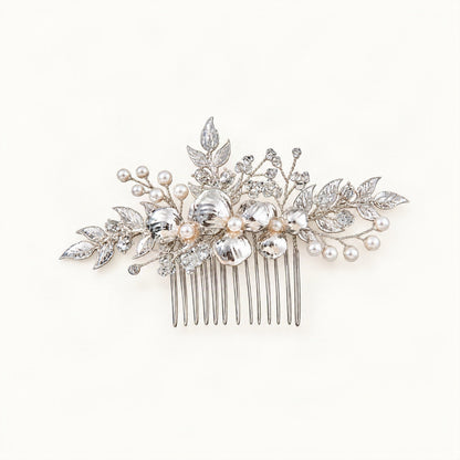 Silver floral hair comb featuring pearl-like blossoms and leaf details [FITINY Hair]