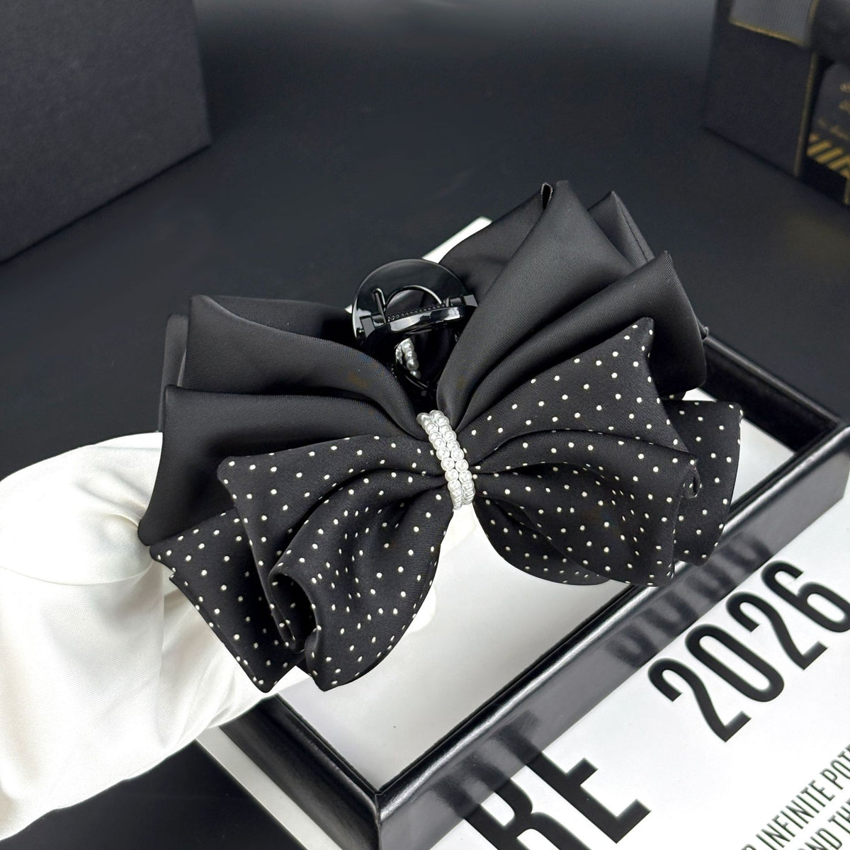 Polka Dot Bow Hair Claw Clip with Pearl Accent, additional view 4