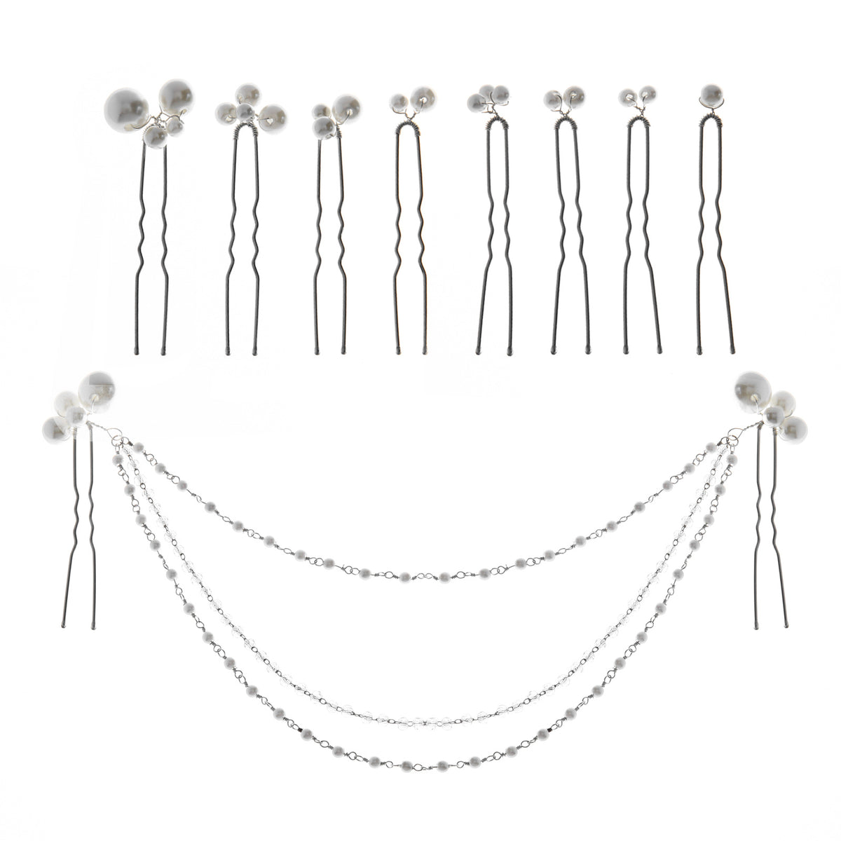 Hair pin set arranged with pearl-accented pieces and draped chains