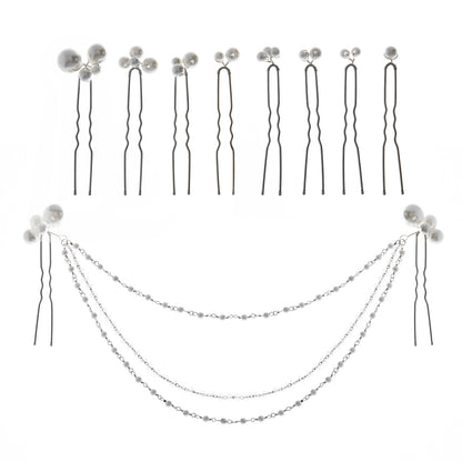 Hair pin set arranged with pearl-accented pieces and draped chains
