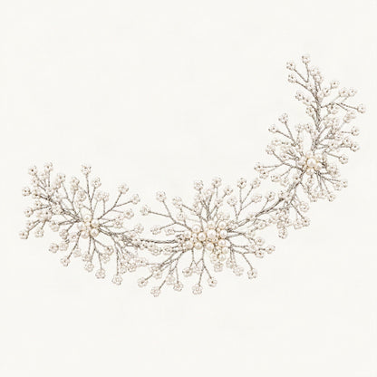 Faux pearl bridal hair vine styled along a low wedding updo [FITINY Hair]