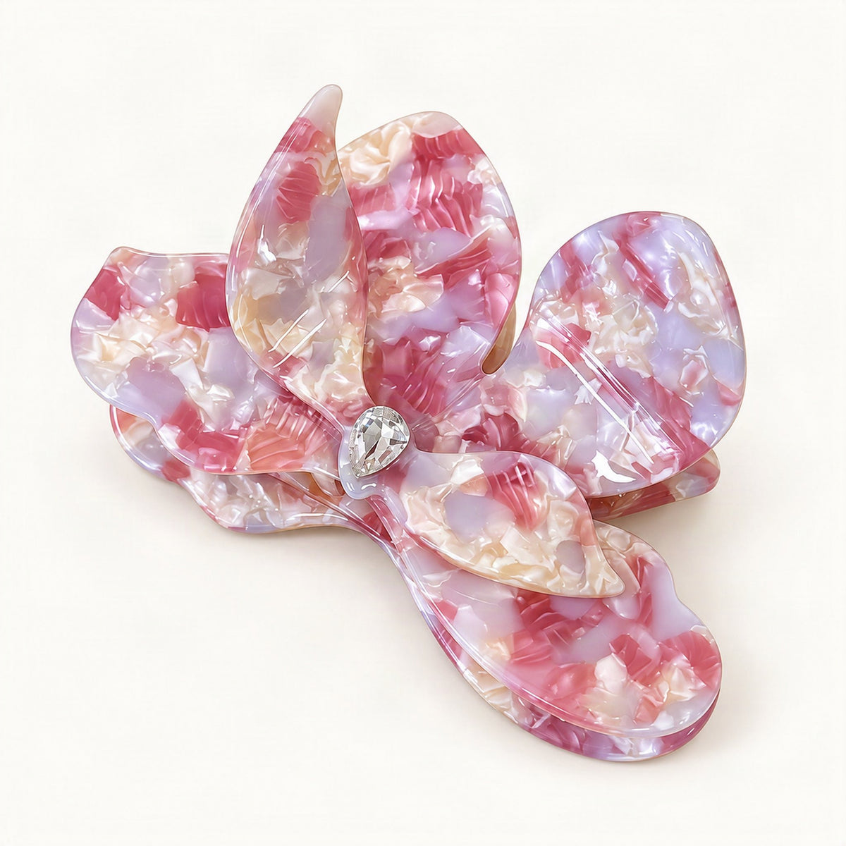 Pink floral acetate hair clip with sculpted bougainvillea motif and shimmering rhinestone accent [FITINY Hair]