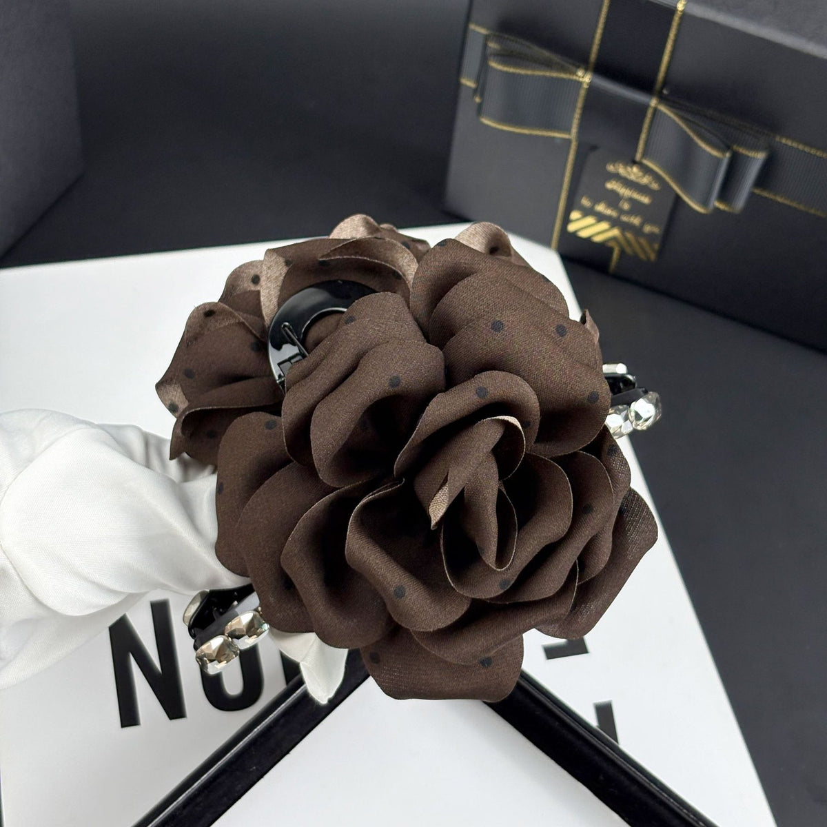 3D Rose and Camellia Polka Dot Fabric Claw Clip, additional view 2