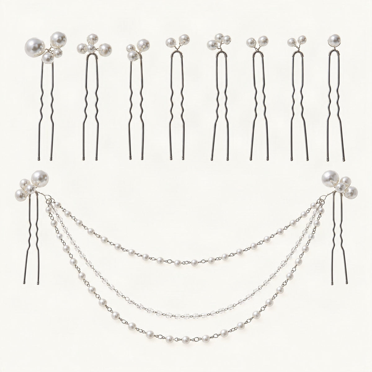 Faux Pearl Hair Pin Set with Draped Beaded Chains in Silver [FITINY Hair]
