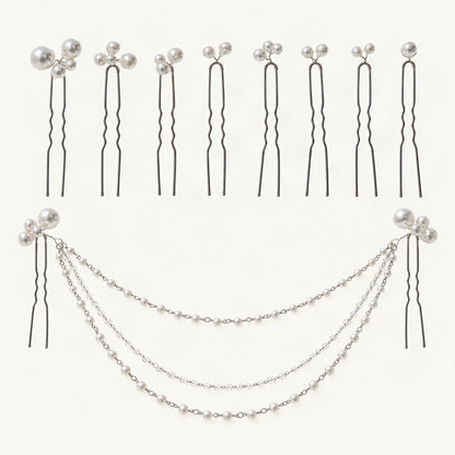 Faux Pearl Hair Pin Set with Draped Beaded Chains in Silver [FITINY Hair]