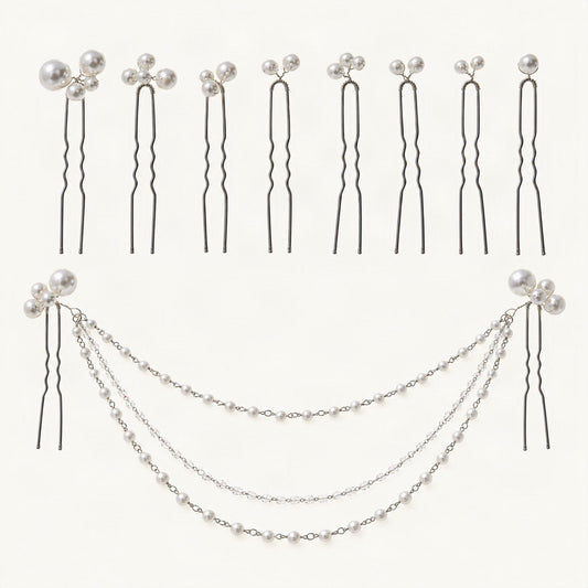 Faux Pearl Hair Pin Set with Draped Beaded Chains in Silver [FITINY Hair]