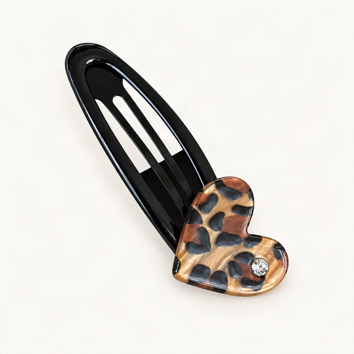 Acrylic Heart Hair Clip with Rhinestone Accent, 6.5 cm in Latte Leopard [FITINY Hair]
