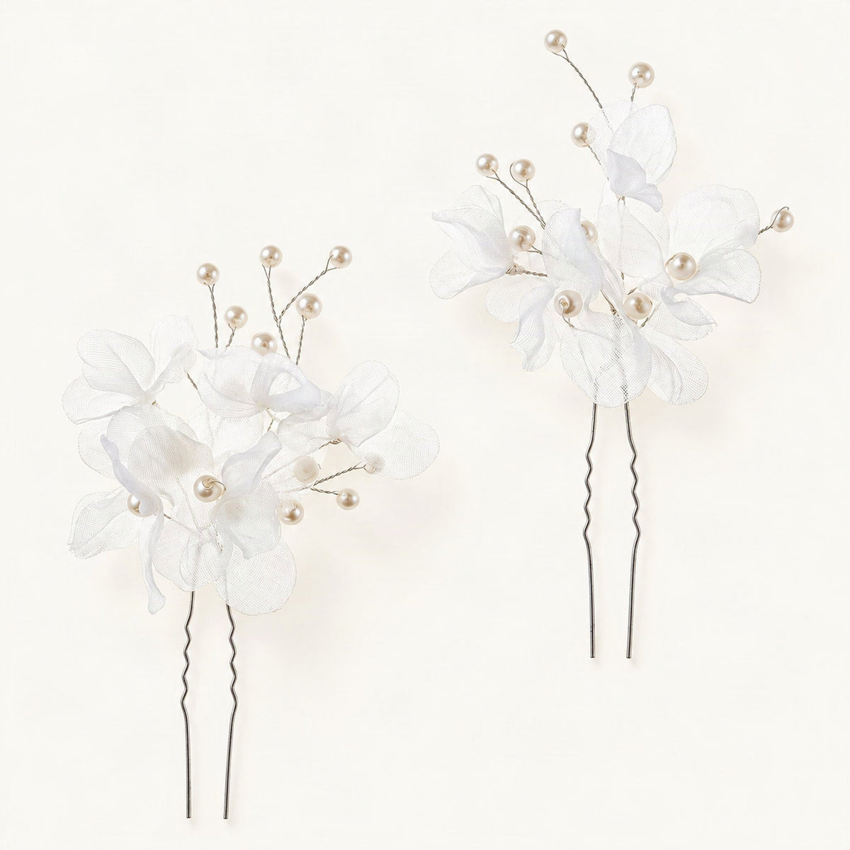 Organza Faux Pearl Floral Bridal Hair Pins in Silver [FITINY Hair]
