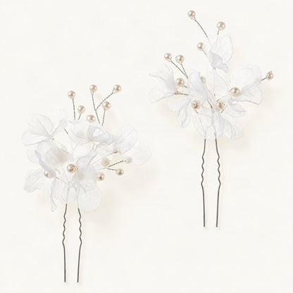 Organza Faux Pearl Floral Bridal Hair Pins in Silver [FITINY Hair]
