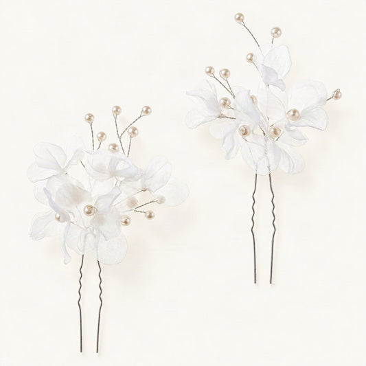 Organza Faux Pearl Floral Bridal Hair Pins in Silver [FITINY Hair]