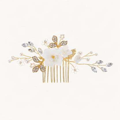 Floral hair comb with faux pearls and rhinestones on white background [FITINY Hair]