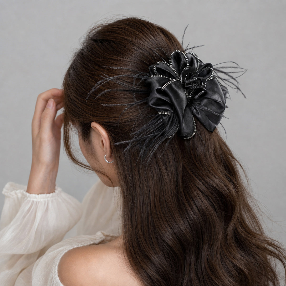 Satin Bow Feather Claw Clip with Rhinestone Trim, additional view 3