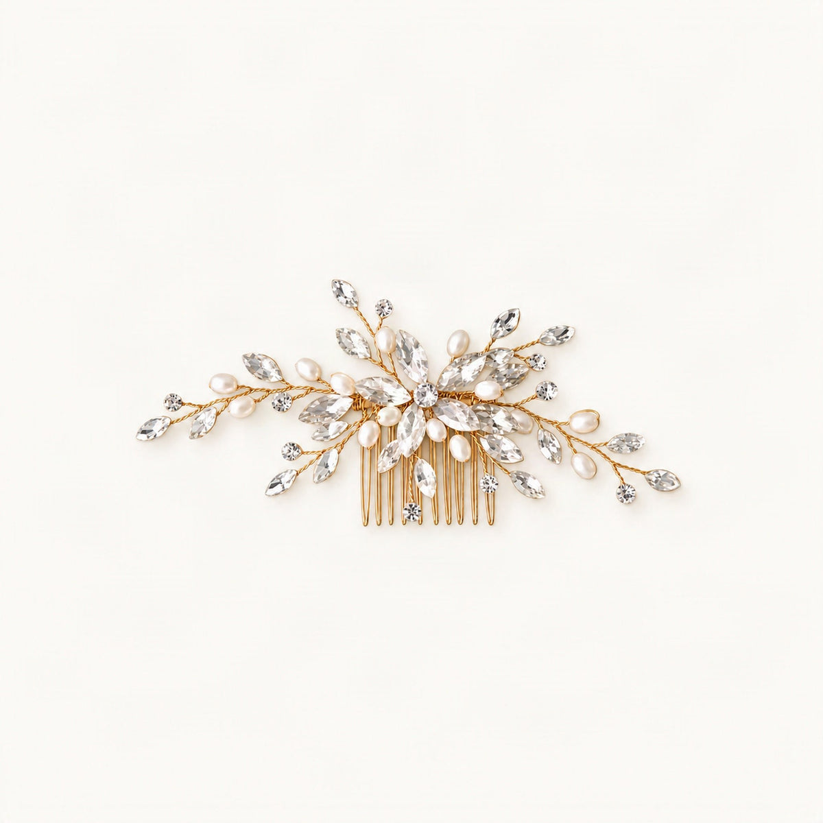 Gold-tone crystal and faux pearl hair comb shown from above [FITINY Hair]