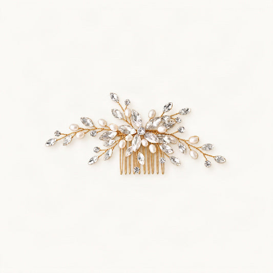 Gold-tone crystal and faux pearl hair comb shown from above [FITINY Hair]