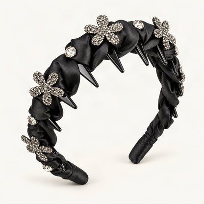 Gathered Satin Rhinestone Flower Headband in Black, front view [FITINY Hair]