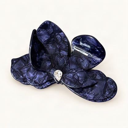 Blue floral print acetate hair jaw clip with three-dimensional flower and crystal embellishment [FITINY Hair]
