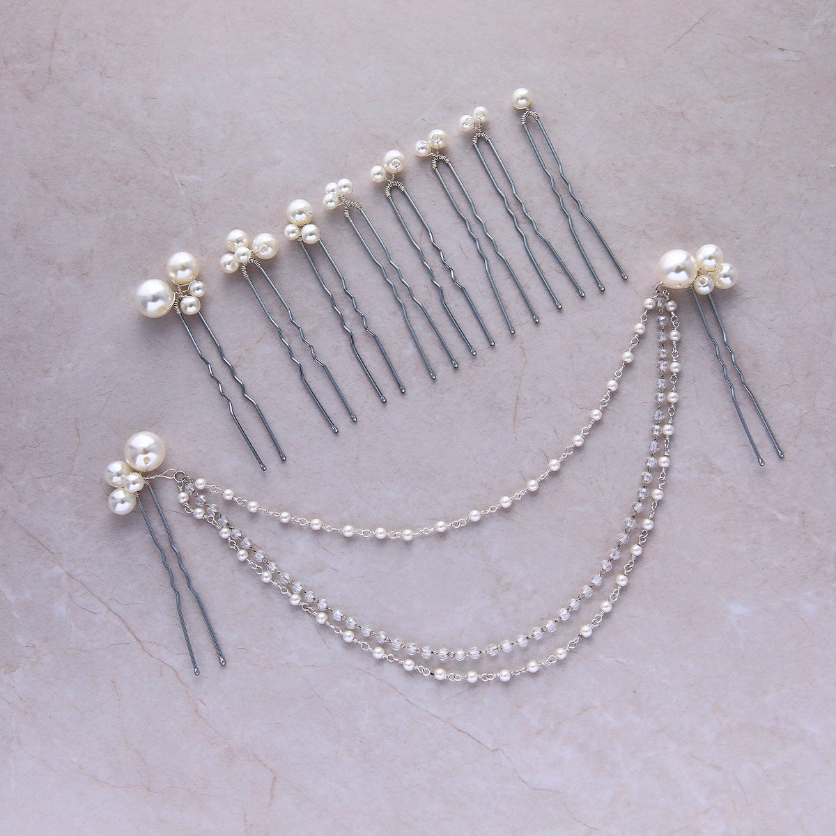 Full faux pearl hair pin and beaded chain accessory set