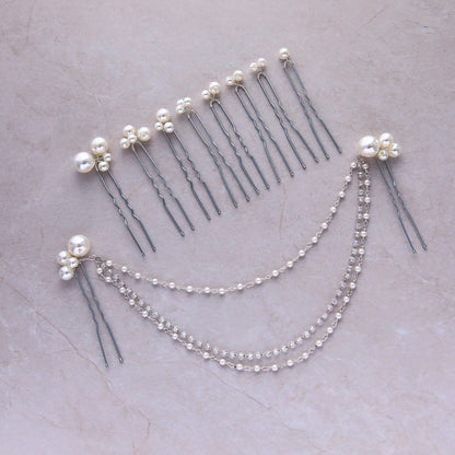 Full faux pearl hair pin and beaded chain accessory set
