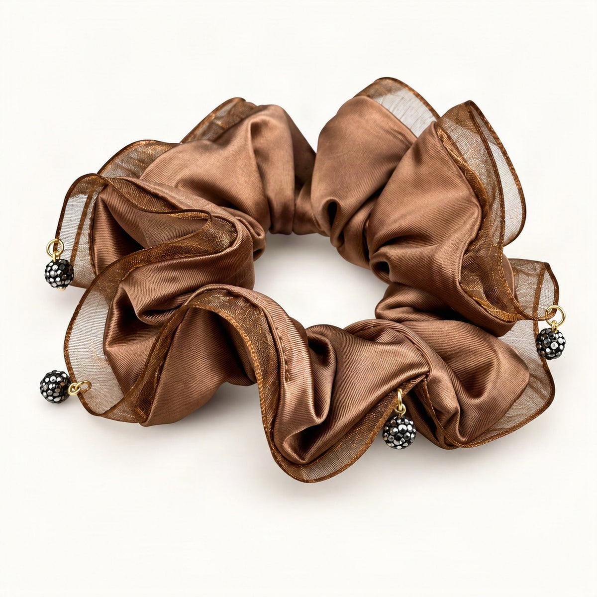 Chocolate satin ruffle scrunchie with dangling rhinestone details [FITINY Hair]