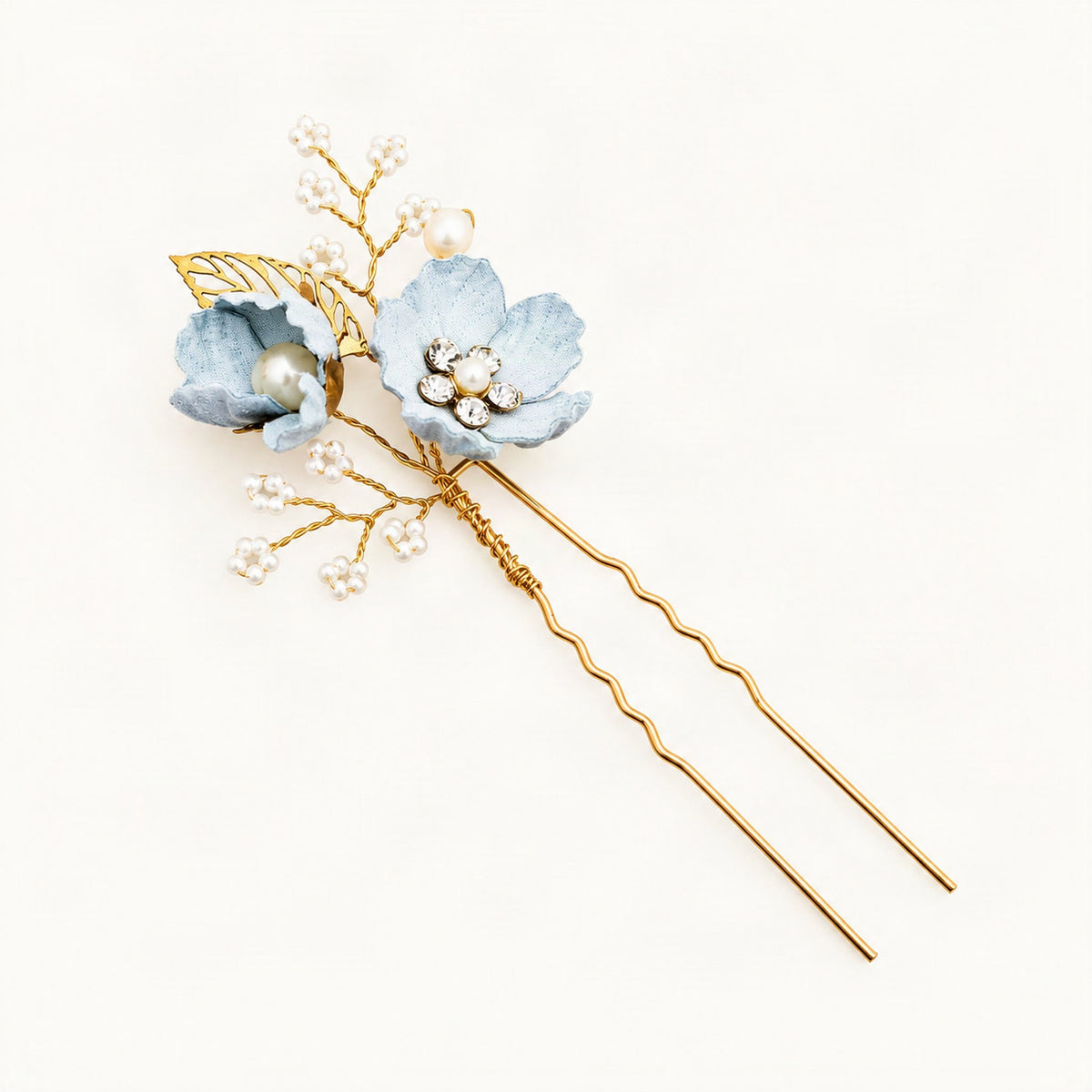 Pale blue floral hair pin with pearl and crystal accents [FITINY Hair]