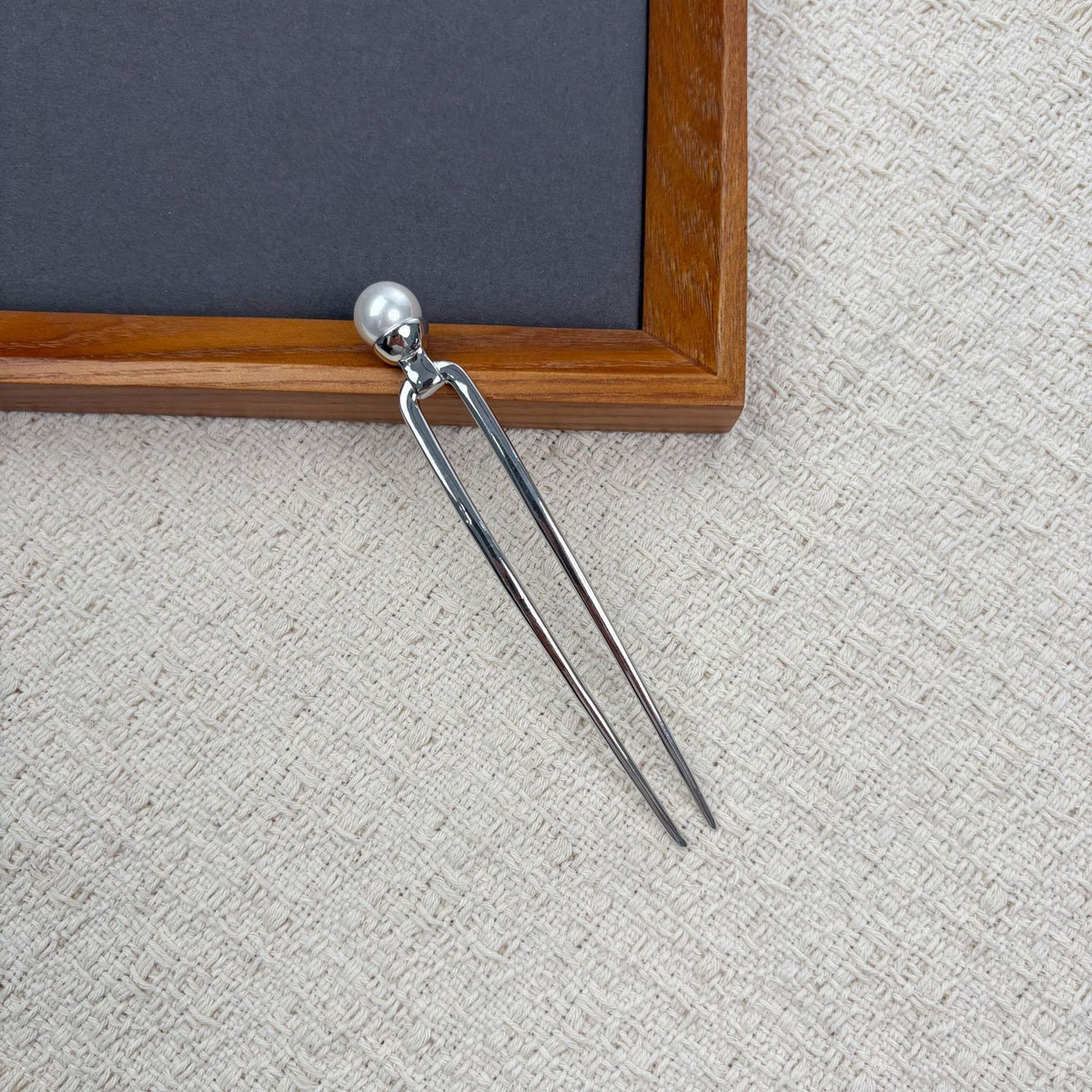 Faux Pearl Silver-Tone Metal U-Pin Hair Fork, additional view 3
