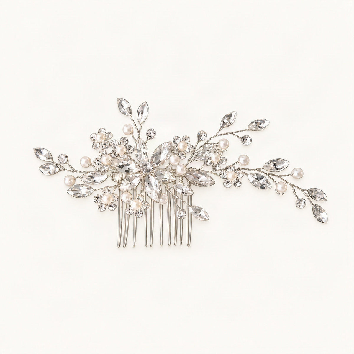 Silver hair comb with marquise-cut crystal accents and faux pearls [FITINY Hair]