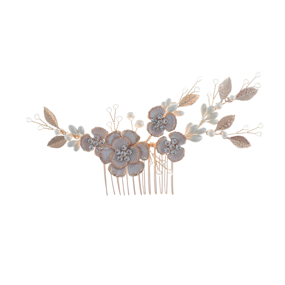 Front view of an ornate gold-color floral comb with faux pearls and clear embellishments