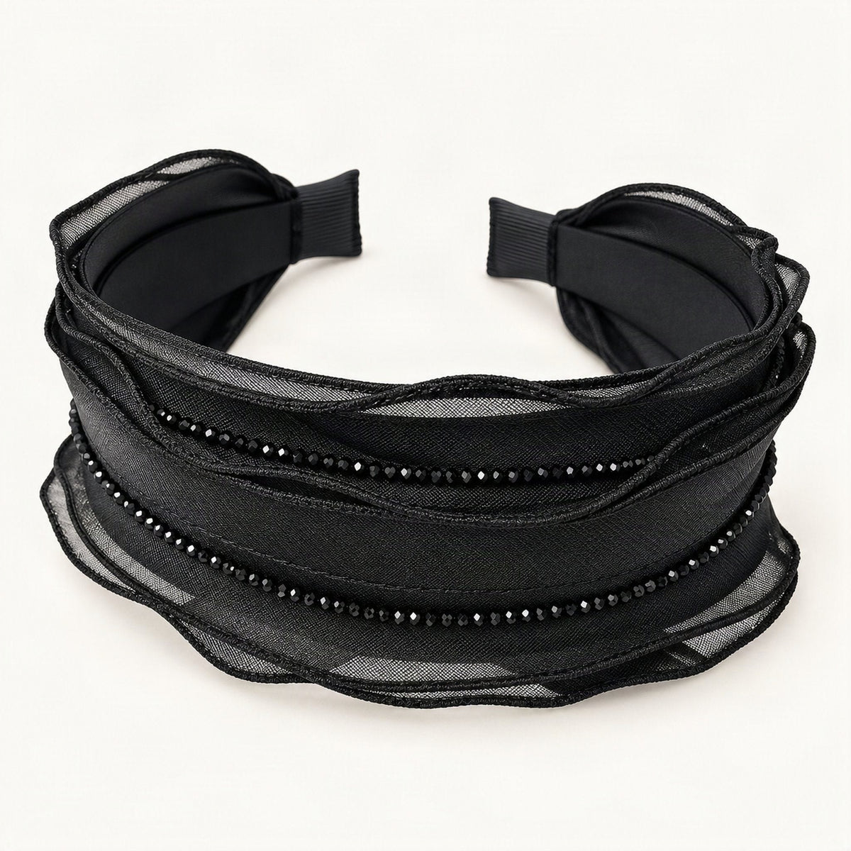 Rhinestone Mesh Headband with Layered Wide Band in Black [FITINY Hair]