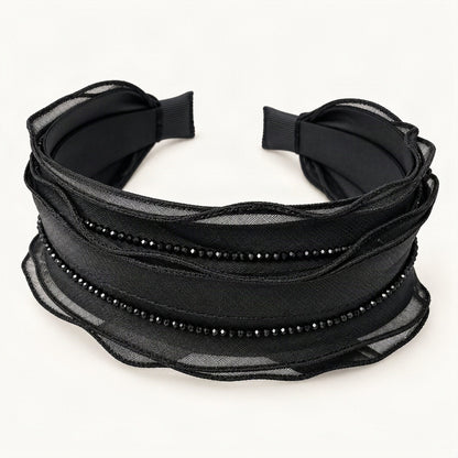 Rhinestone Mesh Headband with Layered Wide Band in Black [FITINY Hair]