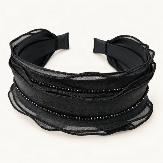Rhinestone Mesh Headband with Layered Wide Band in Black [FITINY Hair]